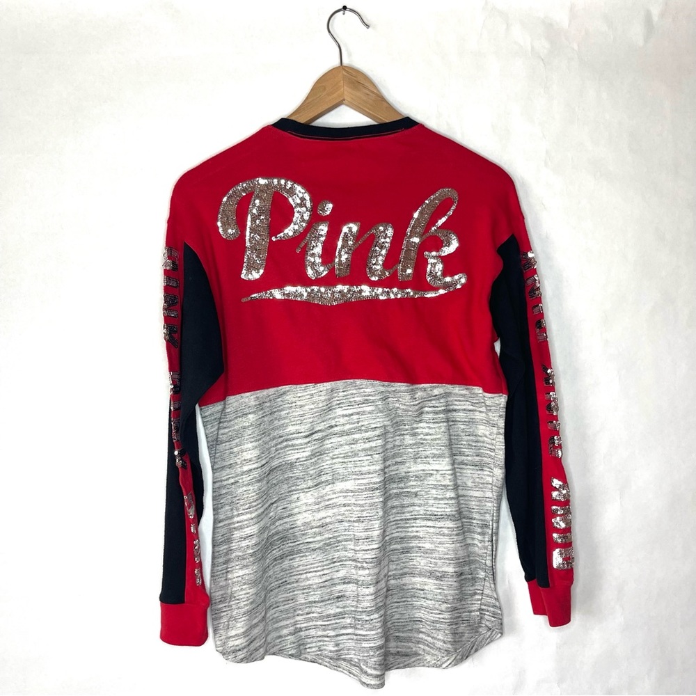 Victorias Secret PINK Sequin Long Sleeve Tee Red Grey Black Colorblock Baddie